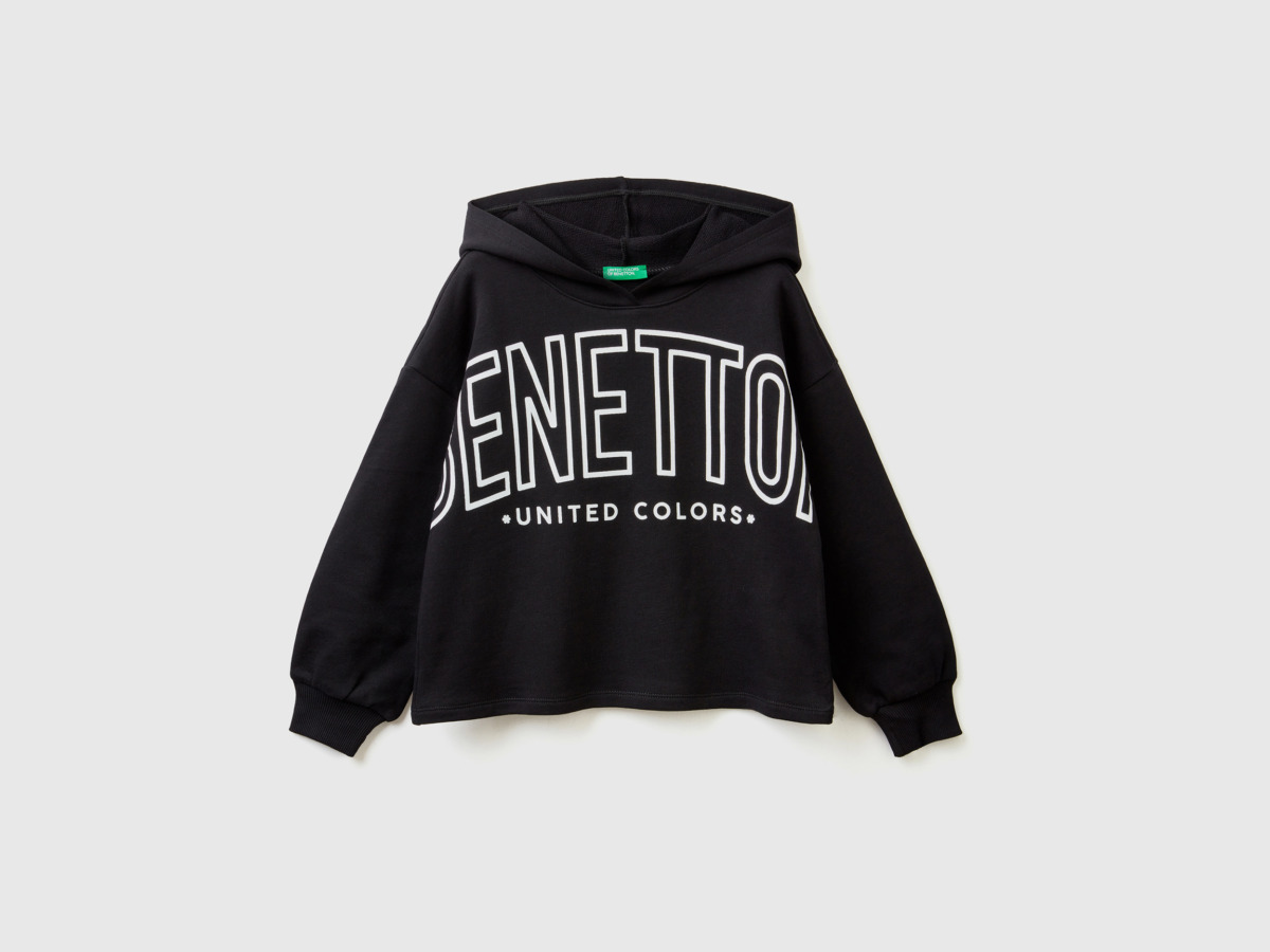 United Colors Of Cropped Sweatshirt With Hood Black Female Benetton Womens SWEATERS GOOFASH