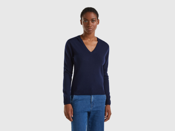 United Colors Of Dark Blue Sweater Made Of Merino With V-Neck Dark Blue Female Benetton Womens SWEATERS GOOFASH