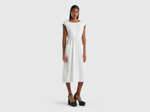 United Colors Of Dress Made Of Pure With Bags Cream White Female Benetton Womens DRESSES GOOFASH