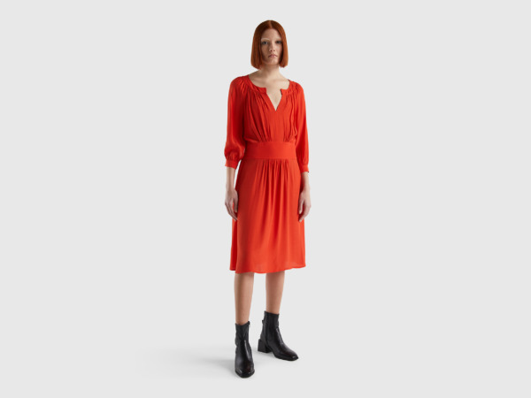 United Colors Of Dress Made Of Pure With V-Neck Red Female Benetton Womens DRESSES GOOFASH