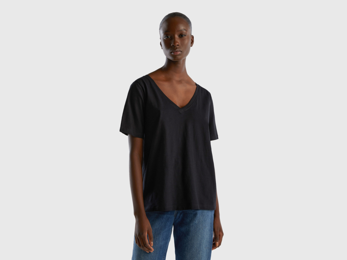 United Colors Of Flamed T-Shirt With V-Neck Black Female Benetton Womens T-SHIRTS GOOFASH