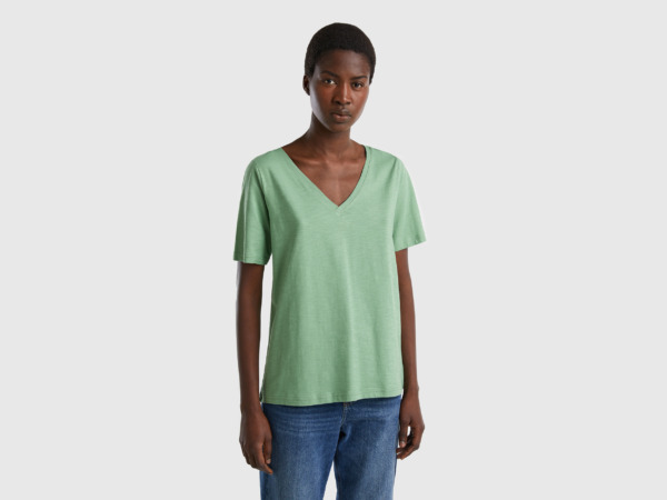 United Colors Of Flamed T-Shirt With V-Neck Green Female Benetton Womens T-SHIRTS GOOFASH