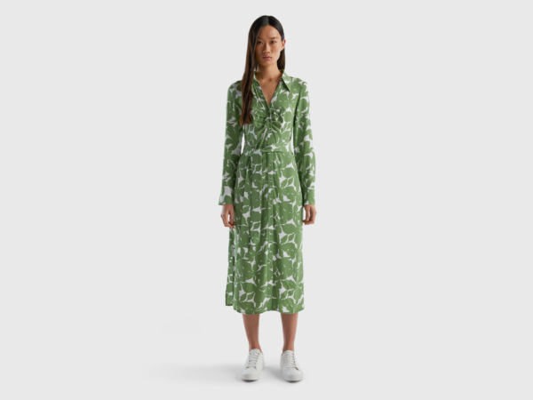 United Colors Of Flowered Chemical Dress Made Of Pure Green Female Benetton Womens DRESSES GOOFASH