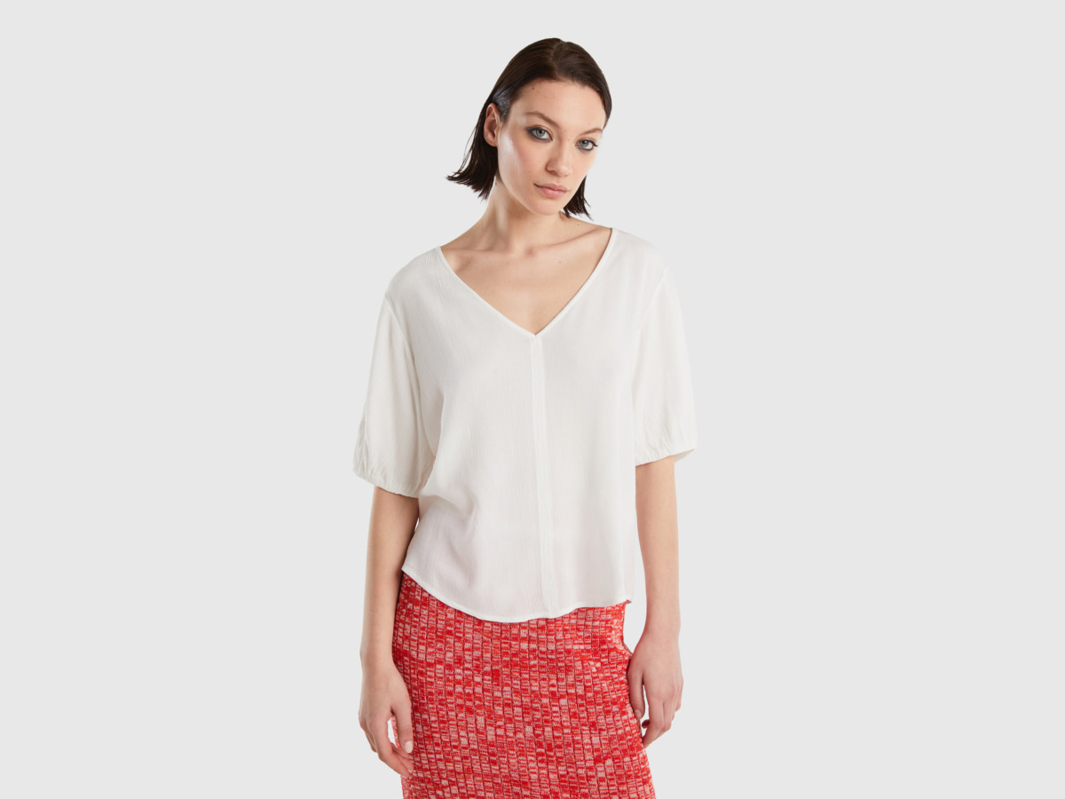 United Colors Of Flowing Blouse With Short Sleeves Cream White Female Benetton Womens BLOUSES GOOFASH