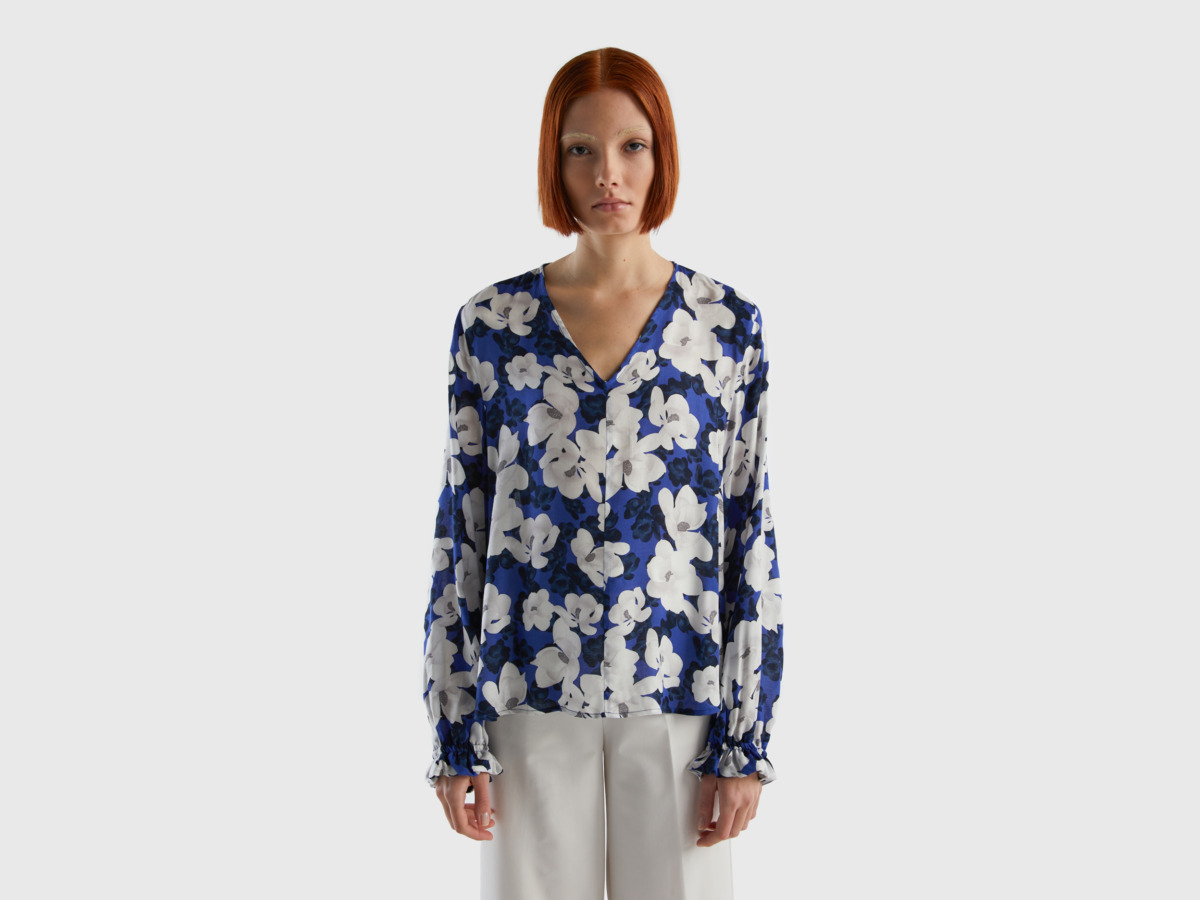 United Colors Of Flowing Floral Blouse Pigeon Blue Female Benetton Womens BLOUSES GOOFASH