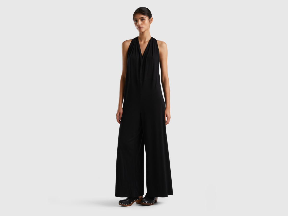 United Colors Of Flowing Jumpsuit With Wide Leg Black Female Benetton Womens JUMPSUITS GOOFASH