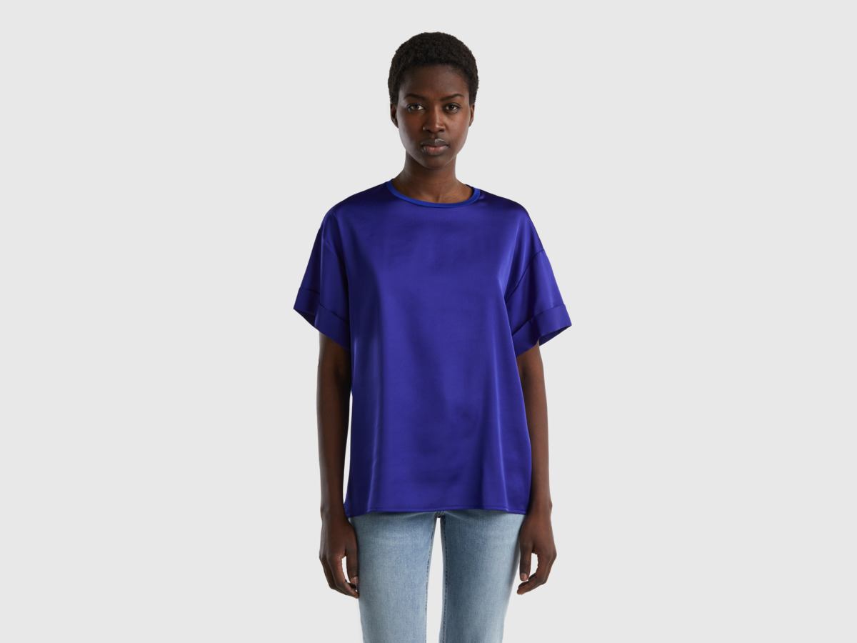 United Colors Of Flowing T-Shirt With Short Sleeves Traffic Blue Female Benetton Womens T-SHIRTS GOOFASH