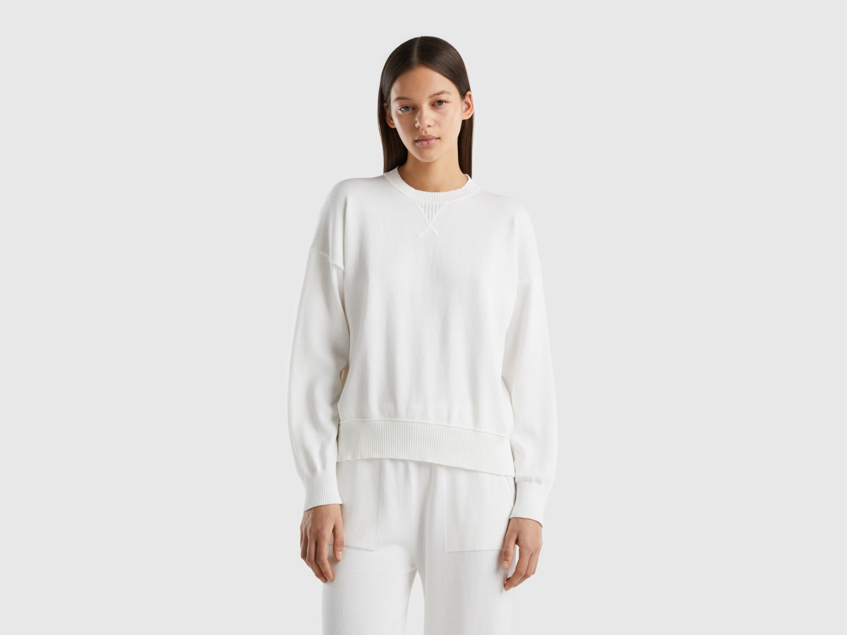 United Colors Of Jersey Sweater With Round Neck Cream White Female Benetton Womens SWEATERS GOOFASH