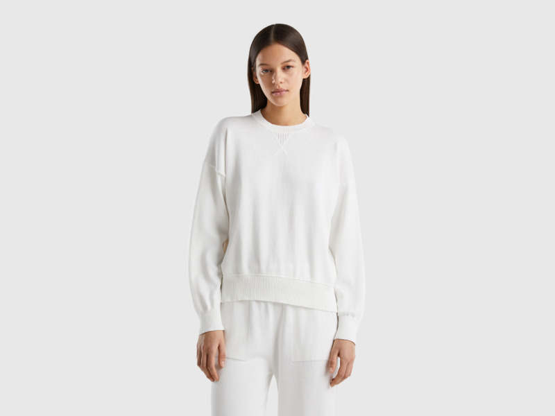 United Colors Of Jersey Sweater With Round Neck Cream White Female Benetton Womens SWEATERS GOOFASH