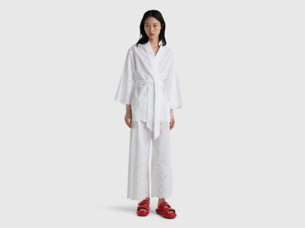 United Colors Of Kimono Jacket With Details Made Of Hole Tip White Female Benetton Womens JACKETS GOOFASH