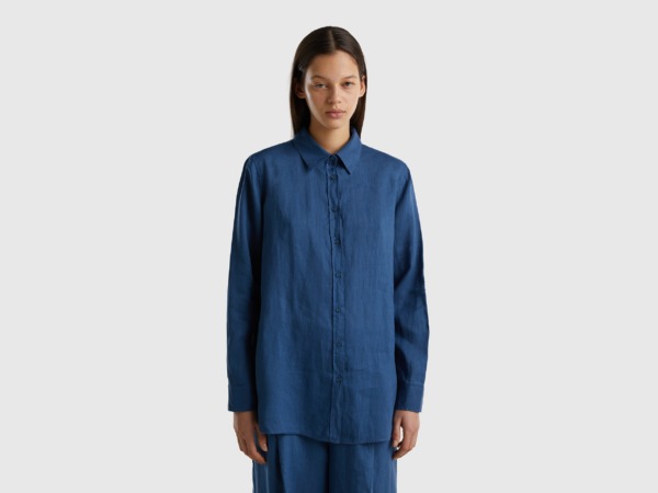 United Colors Of Long Blouse Made Of Pure Linen Blue Female Benetton Womens BLOUSES GOOFASH