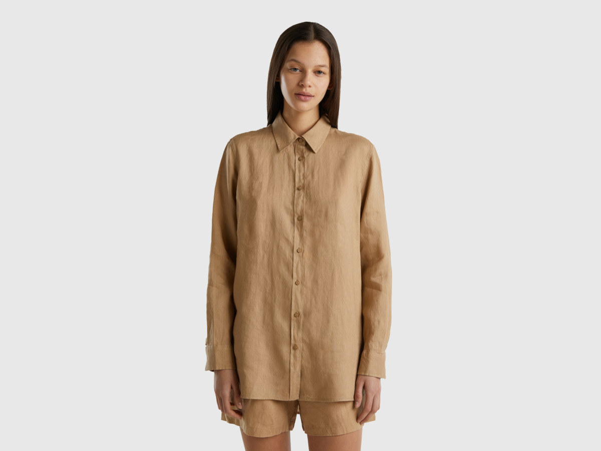 United Colors Of Long Blouse Made Of Pure Linen Camel Female Benetton Womens BLOUSES GOOFASH
