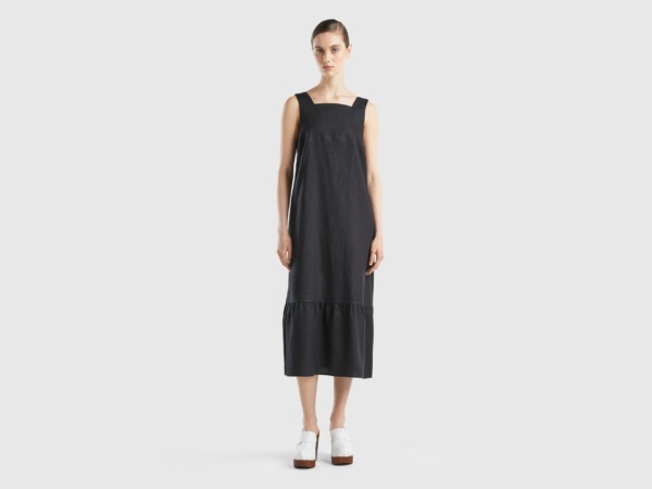 United Colors Of Long Dress Made Of Pure Linen With Ruffles Black Female Benetton Womens DRESSES GOOFASH