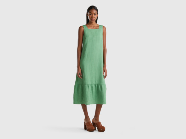 United Colors Of Long Dress Made Of Pure Linen With Ruffles Green Female Benetton Womens DRESSES GOOFASH
