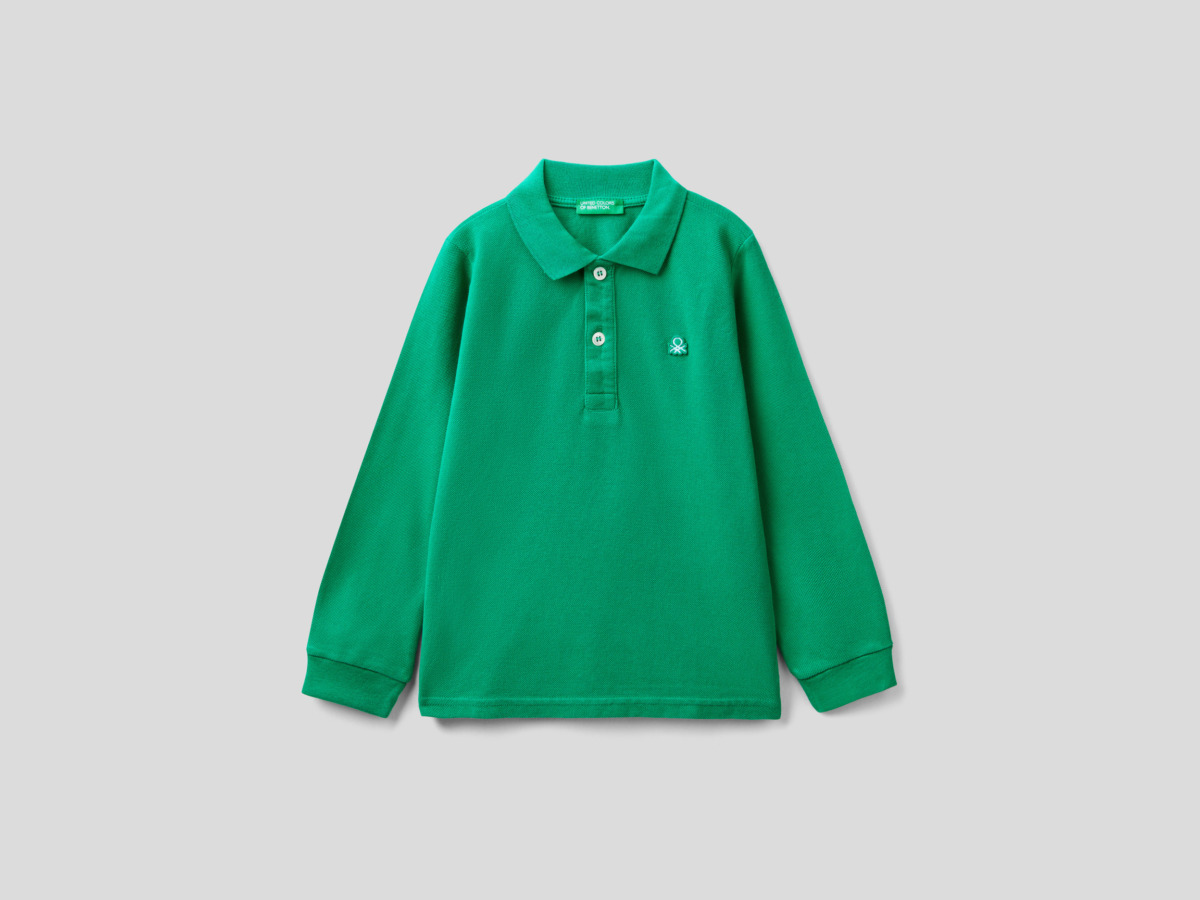 United Colors Of Long Sleeved Polo Made Of Organic Green Paint Benetton Men Mens POLOSHIRTS GOOFASH