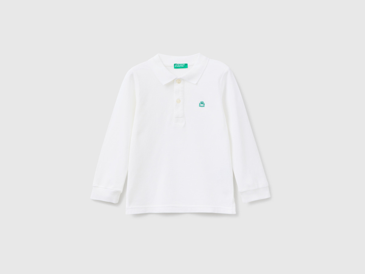 United Colors Of Long Sleeved Polo Made Of Organic White Male Benetton Mens POLOSHIRTS GOOFASH