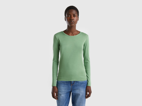 United Colors Of Long Sleeved T-Shirt Made Of Pure Green Female Benetton Womens T-SHIRTS GOOFASH