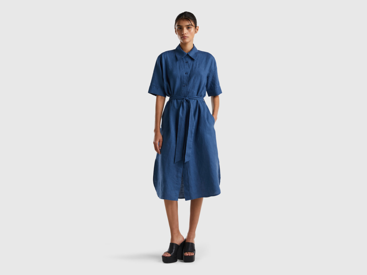 United Colors Of Midi Chemisery Dress Made Of Pure Linen Blue Female Benetton Womens DRESSES GOOFASH