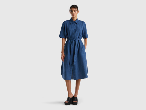 United Colors Of Midi Chemisery Dress Made Of Pure Linen Blue Female Benetton Womens DRESSES GOOFASH