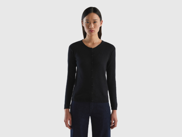 United Colors Of Online Exclusive Cardigan With Round Excerpt Made Of Pure Black Female Benetton Womens KNITWEAR GOOFASH
