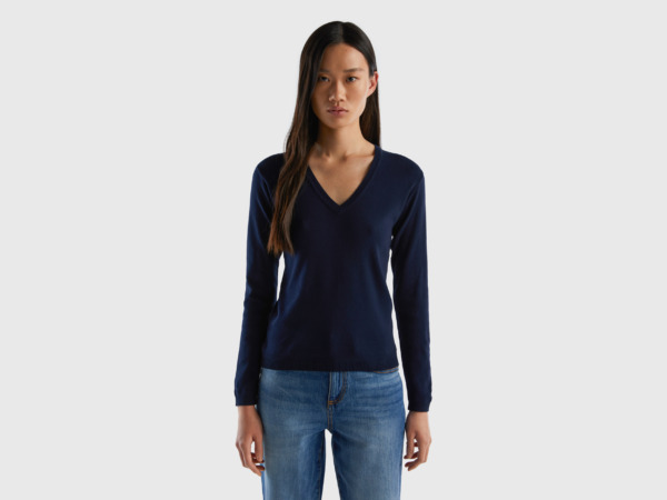 United Colors Of Online Exclusive Sweater Made Of Pure With V-Neck Dark Blue Female Benetton Womens SWEATERS GOOFASH