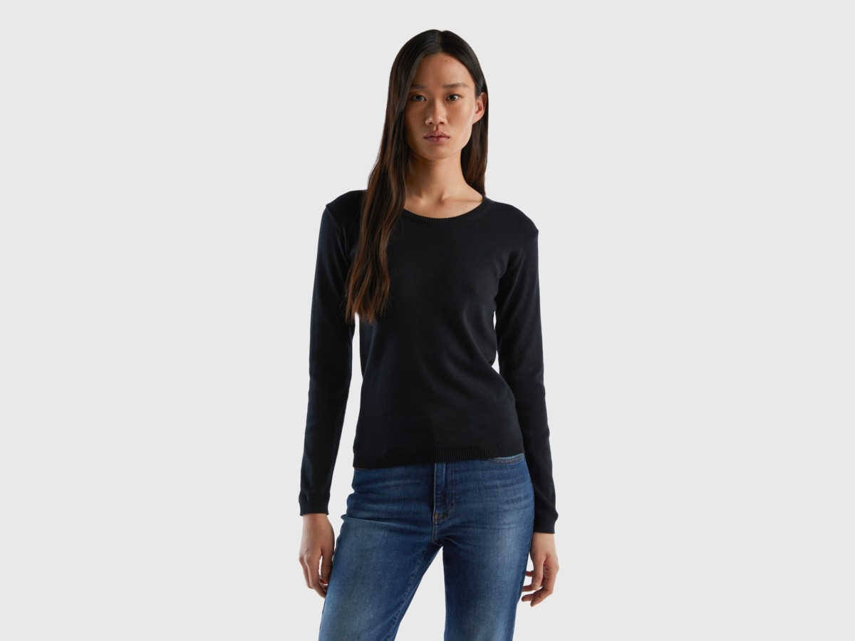 United Colors Of Online Exclusive Sweater With Round Excerpt Made Of Pure Black Female Benetton Womens SWEATERS GOOFASH