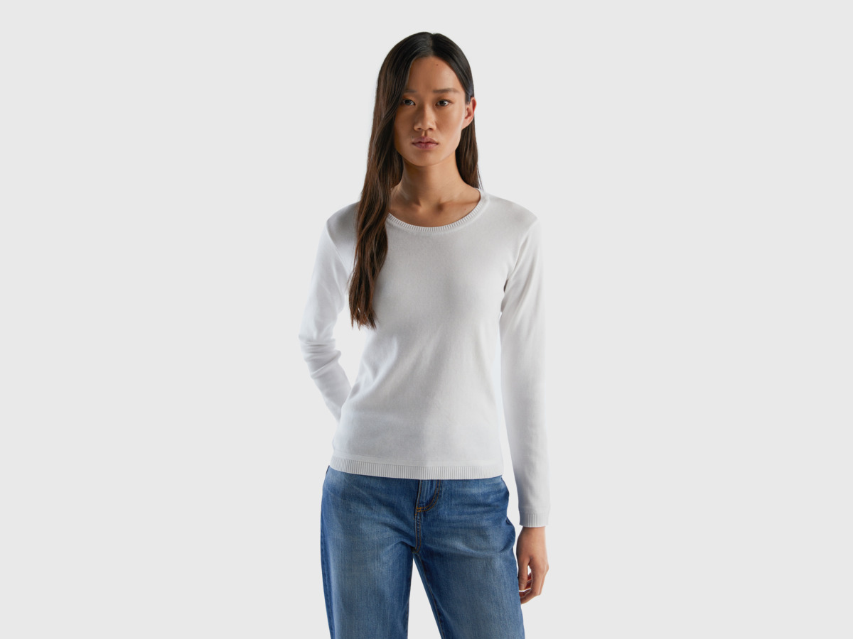 United Colors Of Online Exclusive Sweater With Round Excerpt Made Of Pure White Female Benetton Womens SWEATERS GOOFASH
