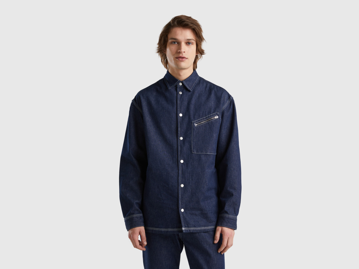 United Colors Of Over Shirt Made Of Chambray Dark Blue Paint Benetton Man Mens SHIRTS GOOFASH