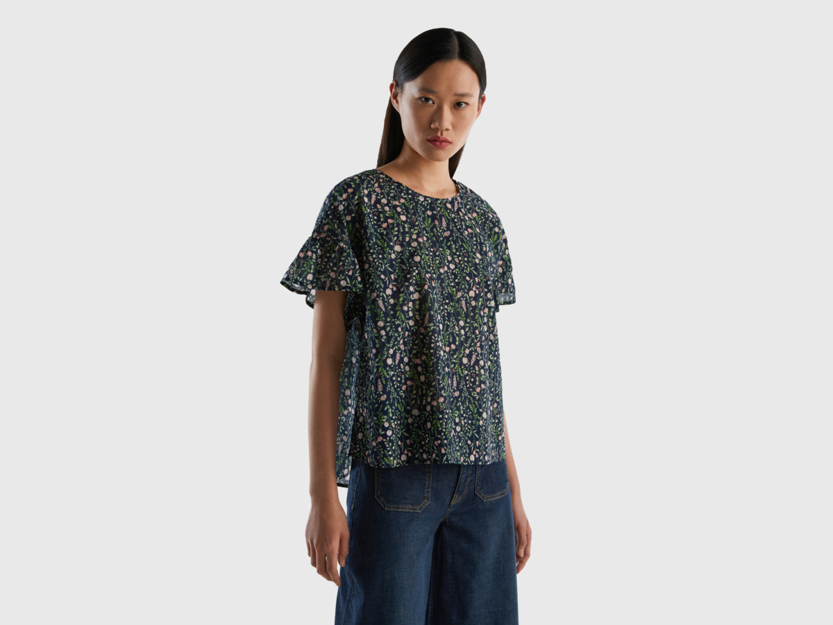 United Colors Of Patterned Blouse Made Of Pure Dark Blue Female Benetton Womens BLOUSES GOOFASH