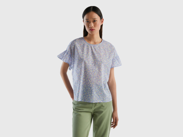 United Colors Of Patterned Blouse Made Of Pure Light Blue Female Benetton Womens BLOUSES GOOFASH