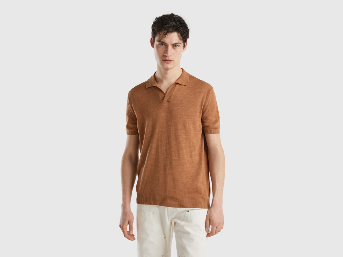 United Colors Of Polo From Linen Mixture Brown Paint Men's Benetton Mens POLOSHIRTS GOOFASH