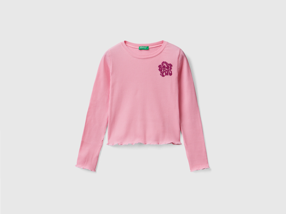 United Colors Of Ribbed T-Shirt With Embroidery Pink Female Benetton Womens T-SHIRTS GOOFASH