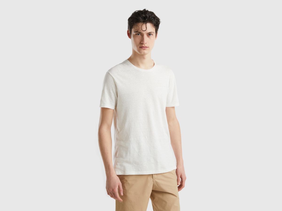 United Colors Of Shirt In Linen Mixture Cream White Male Benetton Mens SHIRTS GOOFASH