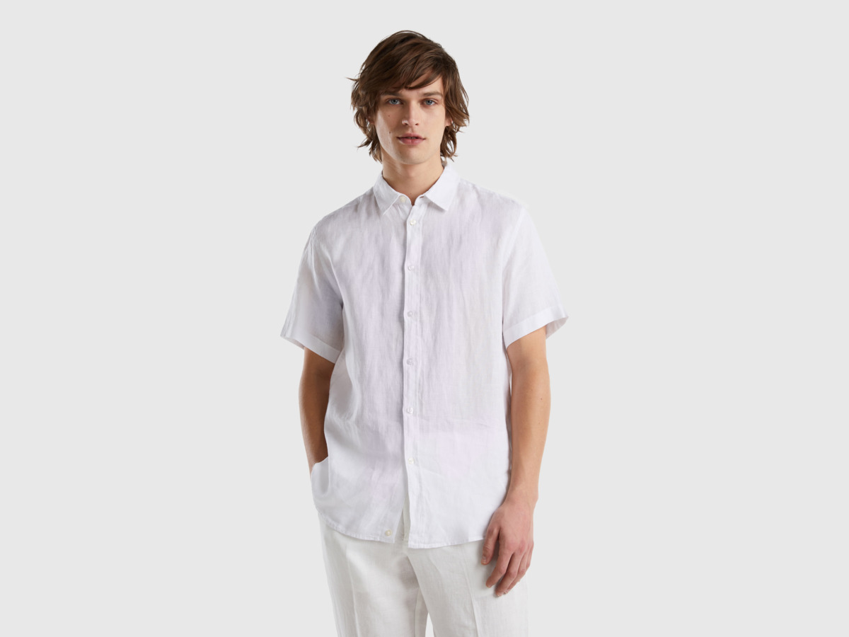 United Colors Of Shirt Made Of Linen With Short Sleeves White Times Men's Benetton Mens SHIRTS GOOFASH