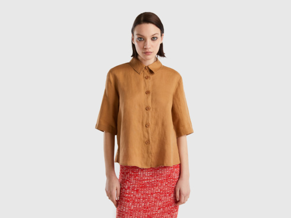United Colors Of Short Blouse Made Of Pure Linen Beige Female Benetton Womens BLOUSES GOOFASH