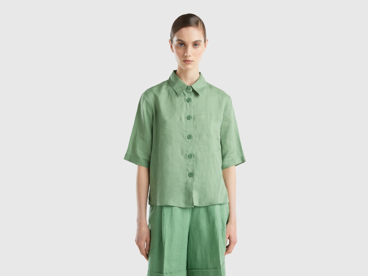 United Colors Of Short Blouse Made Of Pure Linen Green Female Benetton Womens BLOUSES GOOFASH