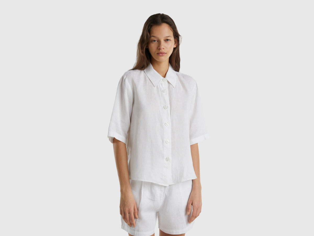 United Colors Of Short Blouse Made Of Pure Linen White Female Benetton Womens BLOUSES GOOFASH