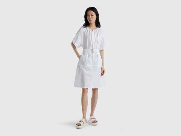 United Colors Of Short Dress With An Elastic Belt White Female Benetton Womens DRESSES GOOFASH