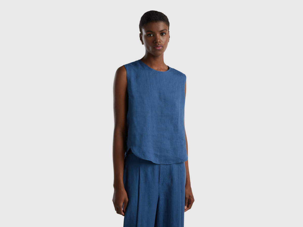 United Colors Of Sleeveless Blouse Made Of Pure Linen Blue Female Benetton Womens BLOUSES GOOFASH