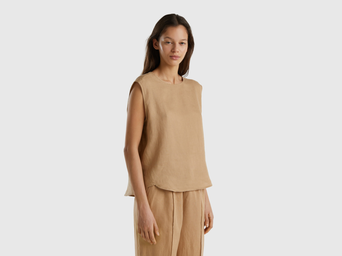 United Colors Of Sleeveless Blouse Made Of Pure Linen Camel Female Benetton Womens BLOUSES GOOFASH