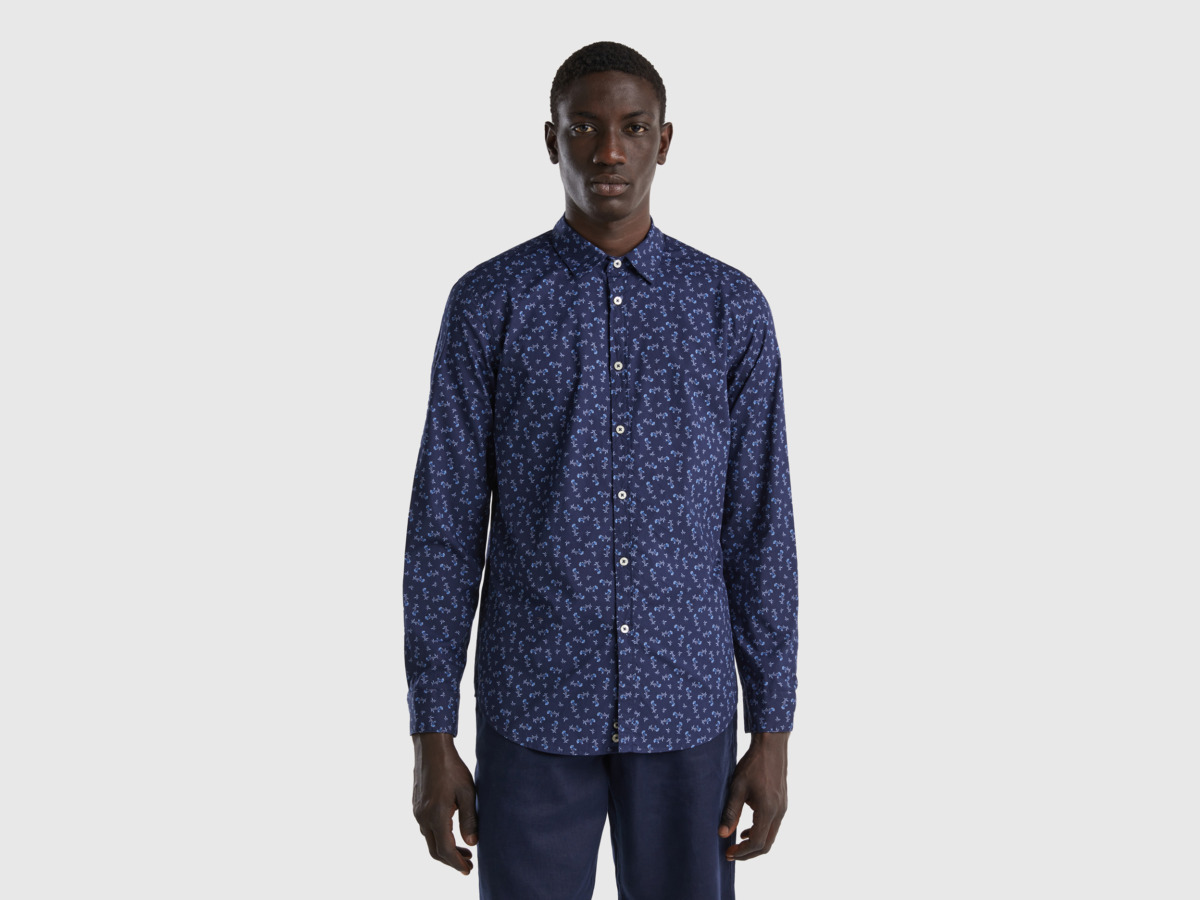 United Colors Of Slim Fit-Shirt With Pattern Blue Male Benetton Mens SHIRTS GOOFASH