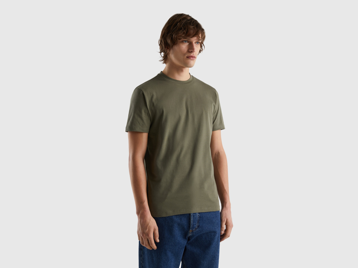 United Colors Of Slim Fit T-Shirt In Stretchy Military Green Male Benetton Mens T-SHIRTS GOOFASH