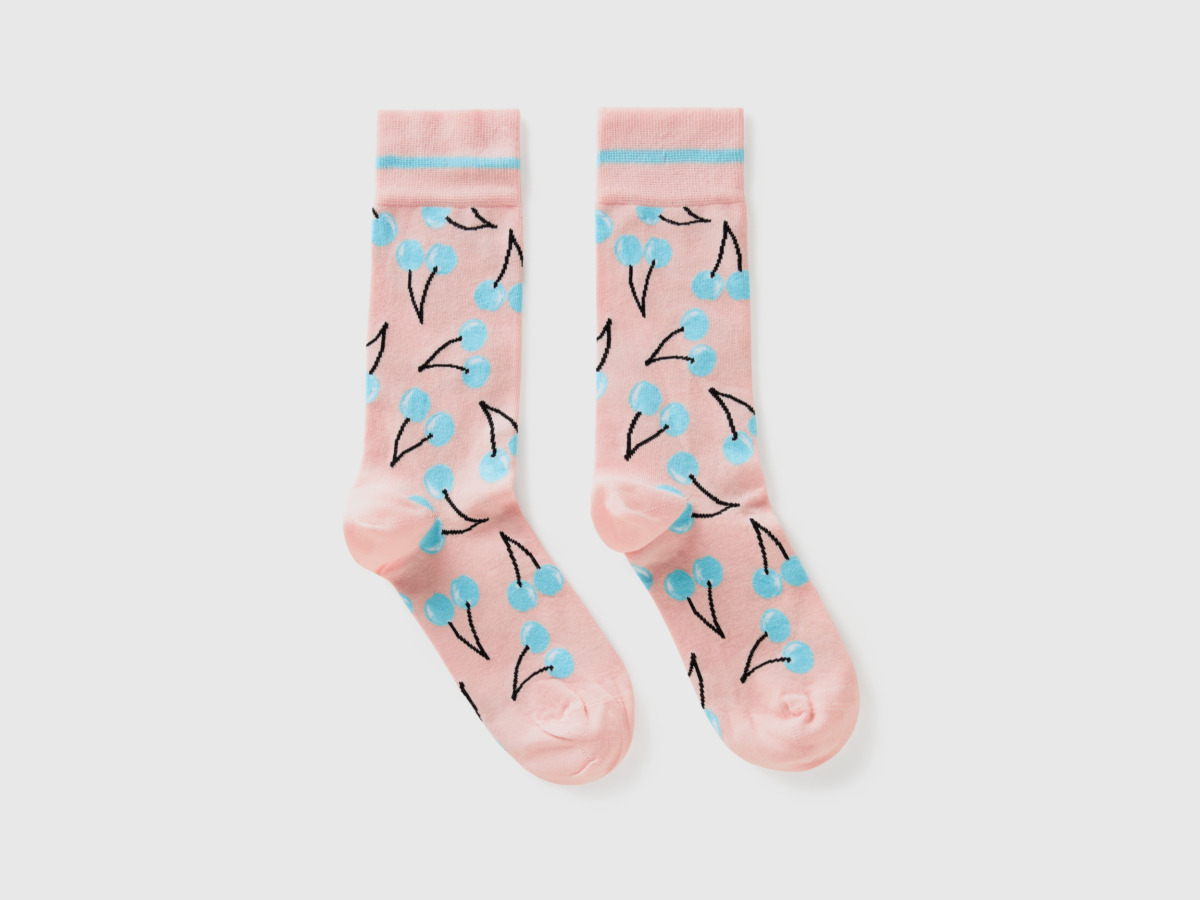 United Colors Of Socks With Cherry Pattern In Light Blue Oft Pink Female Benetton Womens SOCKS GOOFASH