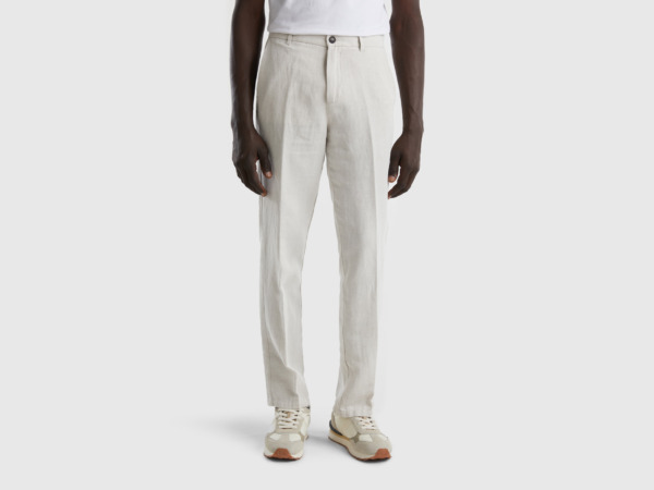 United Colors Of Straight Fit Chinos In Linen Mixture Cream White Male Benetton Mens TROUSERS GOOFASH