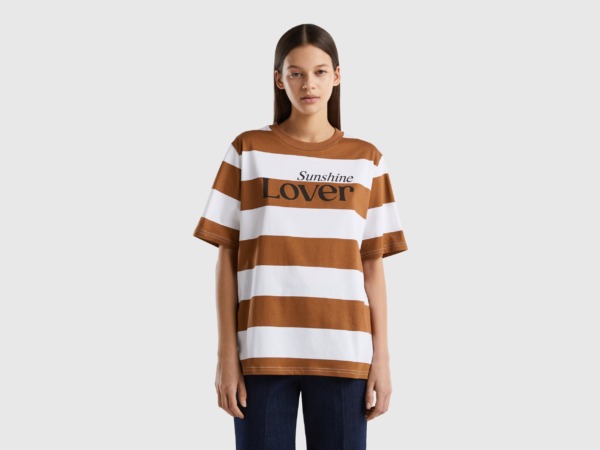United Colors Of Striped Shirt With Slogan Beige Female Benetton Womens SHIRTS GOOFASH
