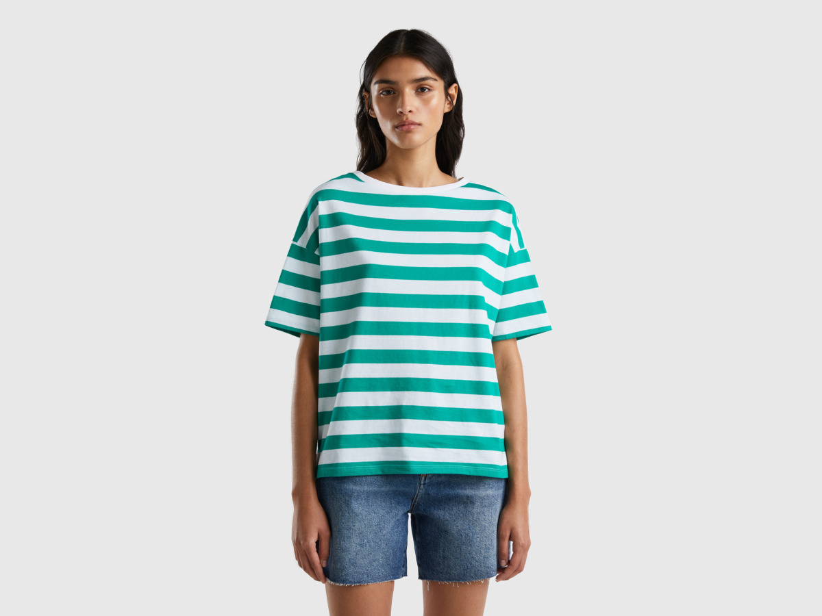 United Colors Of Striped T-Shirt With Carmen Neckline Green Female Benetton Womens T-SHIRTS GOOFASH