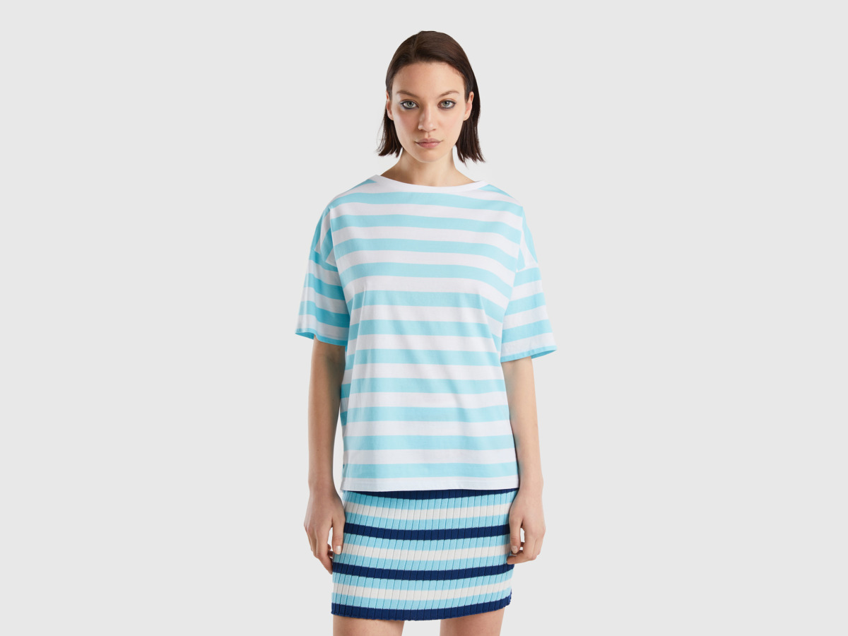United Colors Of Striped T-Shirt With Carmen Neckline Light Blue Female Benetton Womens T-SHIRTS GOOFASH