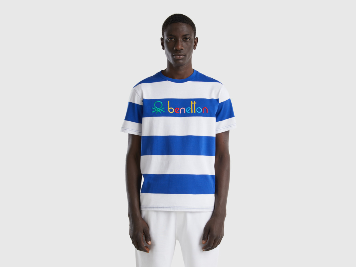 United Colors Of Striped T-Shirt With Logo Transport Blue Male Benetton Mens T-SHIRTS GOOFASH