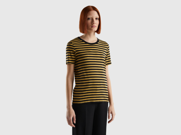 United Colors Of Striped T-Shirt With Round Neck Mustard Yellow Female Benetton Womens T-SHIRTS GOOFASH