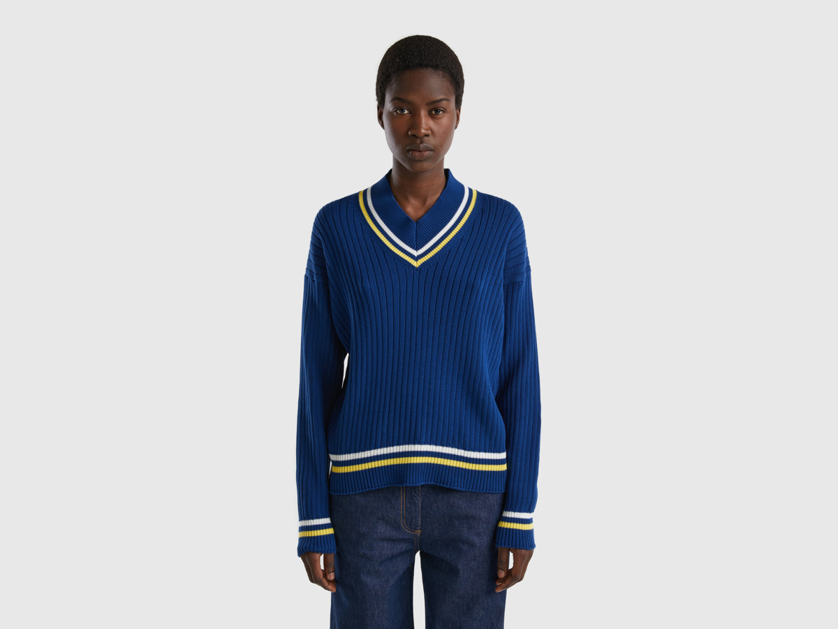 United Colors Of Sweater In Blue With Striped Hems Blue Female Benetton Womens SWEATERS GOOFASH